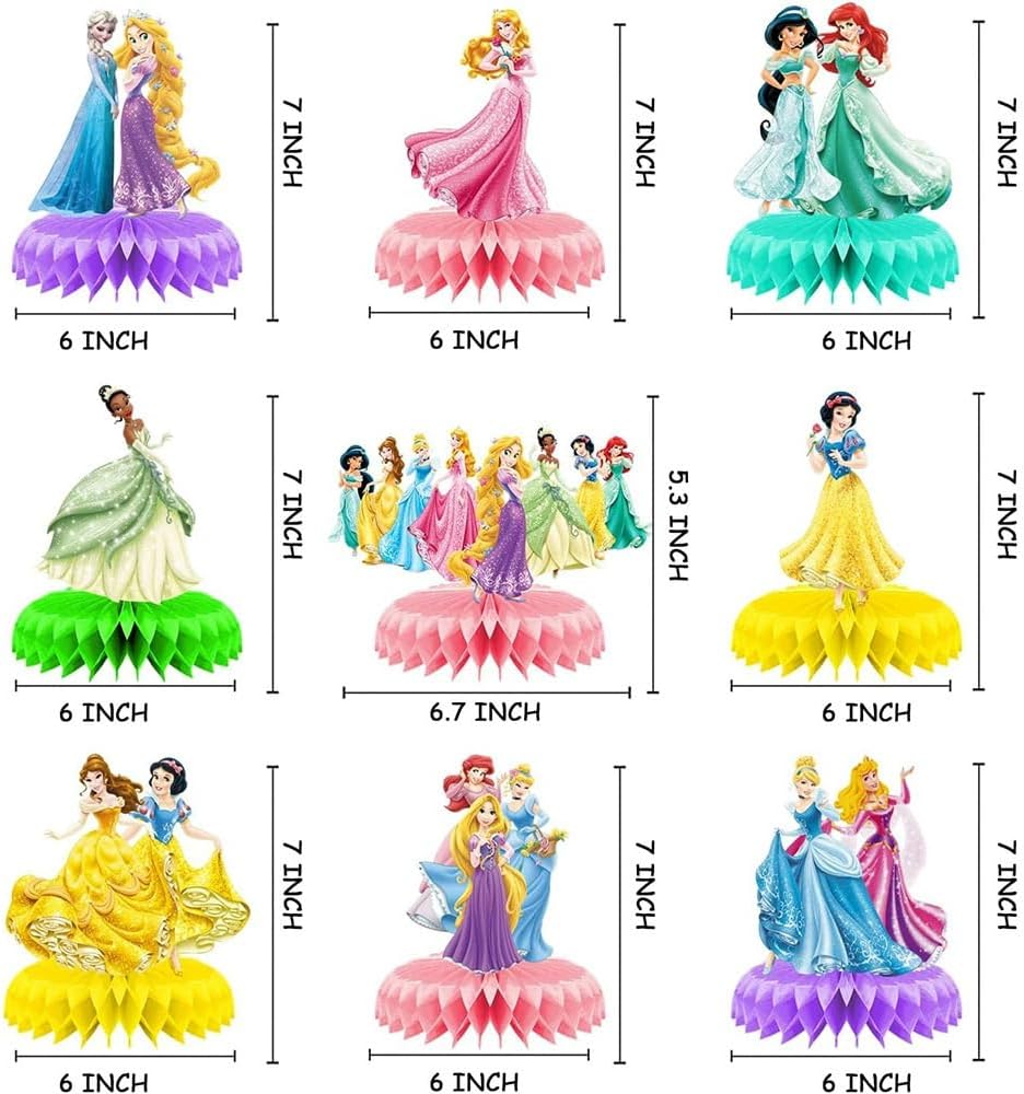 For Disne Princess Birthday Party Supplies, 9Pcs Honeycomb Centerpieces for Princess Party Decorations, Double Sided Table Decorations Centerpieces Party