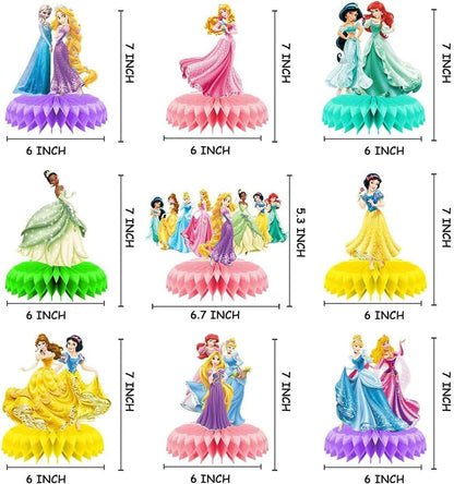 For Disne Princess Birthday Party Supplies, 9Pcs Honeycomb Centerpieces for Princess Party Decorations, Double Sided Table Decorations Centerpieces Party