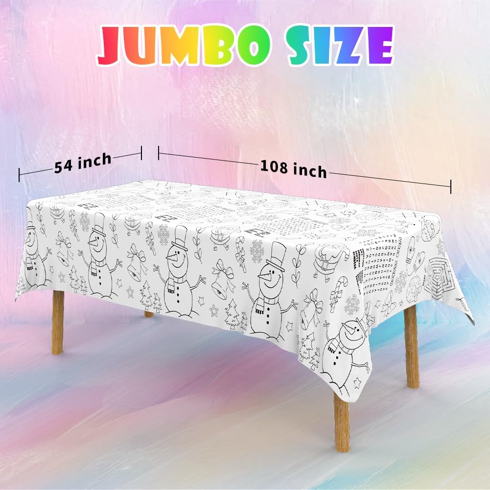 Labeol 1 Pack Christmas Tablecloth, 108"x 54" Christmas Coloring Tablecloth for Kids, Santa Claus Snowman Reindeer Maze Color-in Paper Table Cover for Winter Party Arts and Crafts
