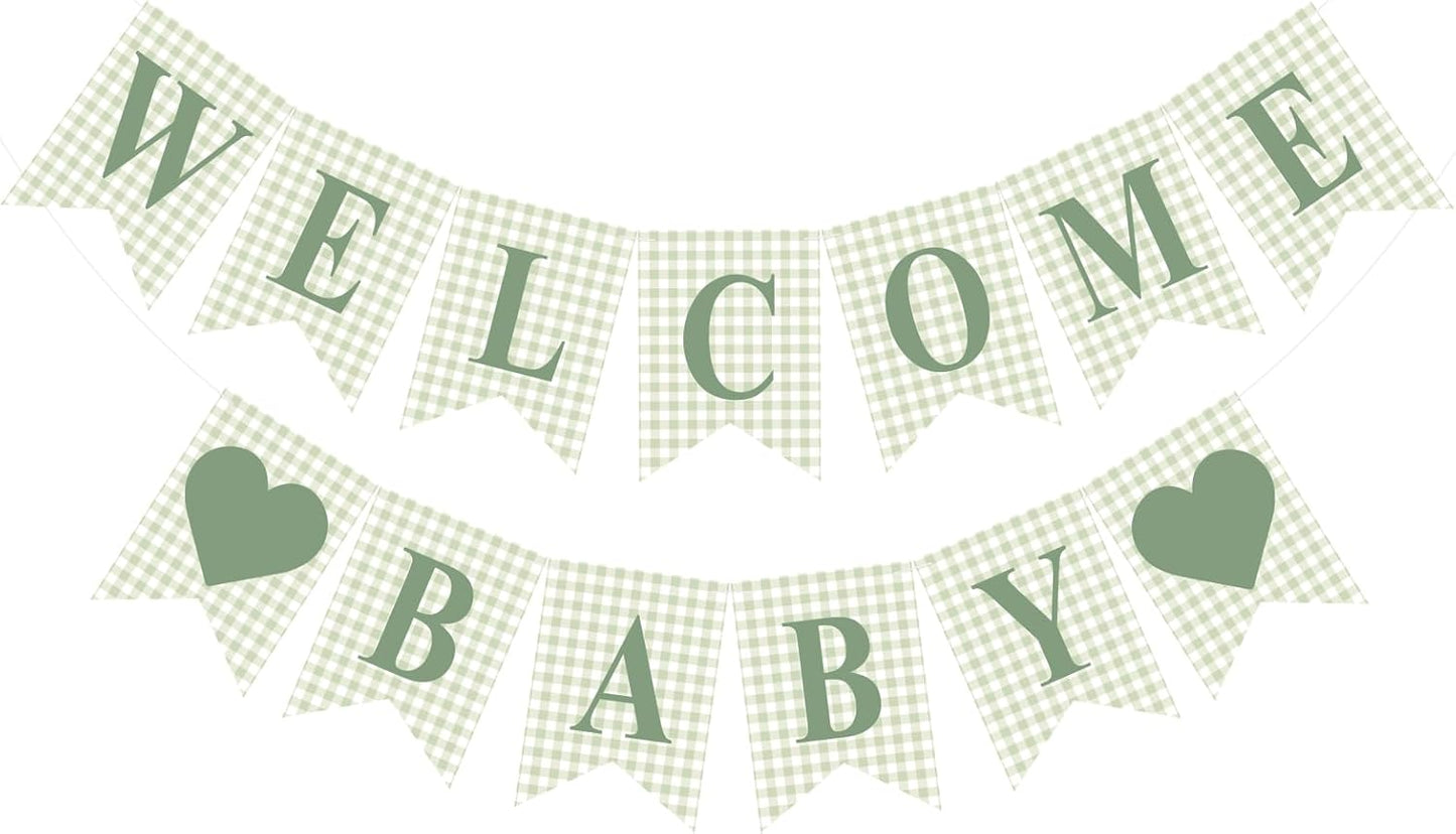 Hahafelt 1 Pcs Blue Gingham Welcome Baby Boy Banner for Baby Shower Party Decorations Pre Strung Gender Reveal Paper Banner for Table, Wall, Mantel Display Party Decor Supplies
