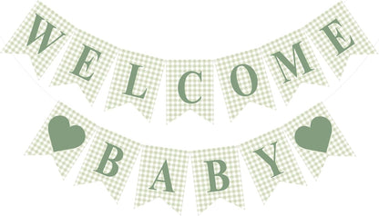 Hahafelt 1 Pcs Blue Gingham Welcome Baby Boy Banner for Baby Shower Party Decorations Pre Strung Gender Reveal Paper Banner for Table, Wall, Mantel Display Party Decor Supplies