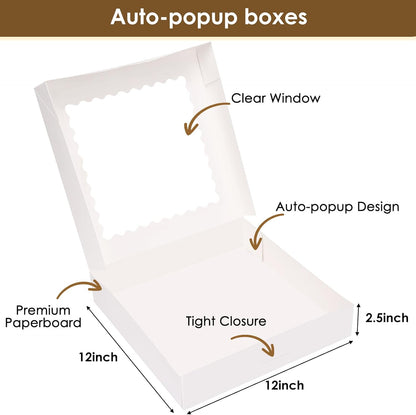 Moretoes 25pcs Pie Boxes, 12x12x2.5 White Bakery Boxes with Window, Auto-Popup Cookie Boxes for Pies, Treat Boxes Dessert Boxes for Pizza, Strawberries, Chocolate, Pastries, Muffins and Donuts