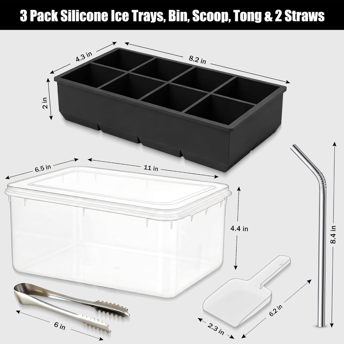 56pcs Ice Cube Tray with Lid and Bin – Stackable 4 Trays Plastic Silicone Freezer Mold, Large Ice Bucket with Scoop, Tong & 2 SS Straws – Easy Release Ice Maker for Cocktail, Coffee, RV, Whiskey