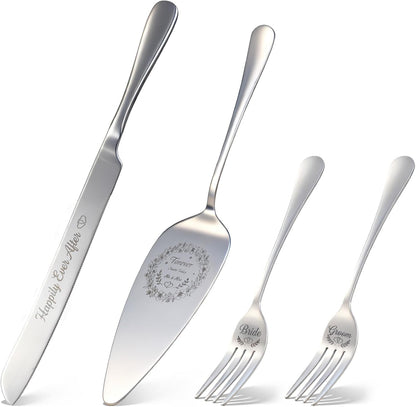 4 Piece Wedding Cake Cutting Set, Knife and Server with Forks, Elegant Wedding Cake Knife and Server Set for Bride and Groom(Gold)