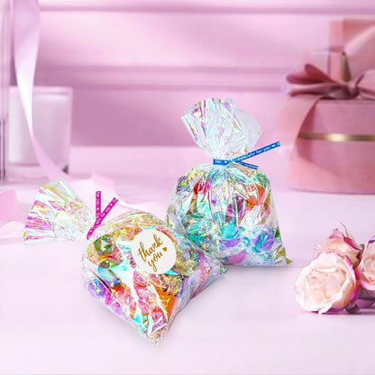 Cellophane Treat Bags, 5x7 Inch Iridescent Cellophane Bags with Thank You Stickers and Twist Ties, Celebrations Baby Showers Weddings Birthday Party Gift Wrapping(Pack of 100)