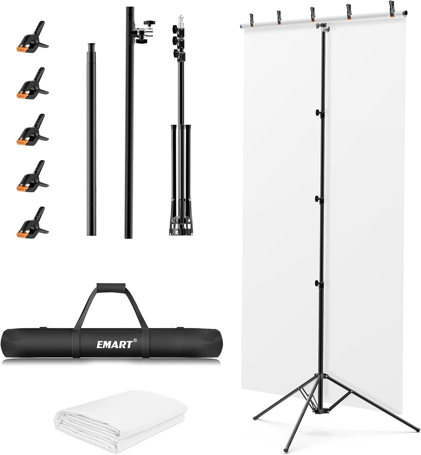 EMART 5 * 6.5ft White Photo Backdrop with Stand Kit for Photography Video Studio，White Screen Photoshoot Background Curtain with T-Shaped Portable Backdrop Stand Carrying Bag 5 Clamps