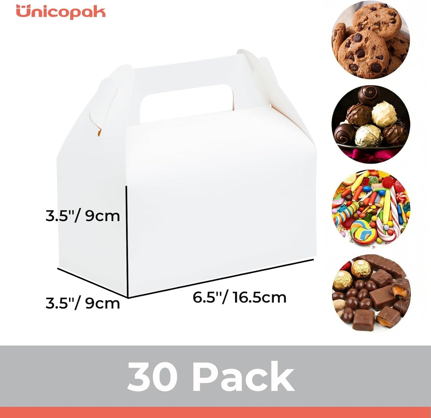 UnicoPak 30 Pack Party Favor Boxes Treat Boxes, White Gable Gift Boxes for Party Favors Goodies Cookies Treats Candies Meals Lunch, 6.5x3.5x3.5 Inches