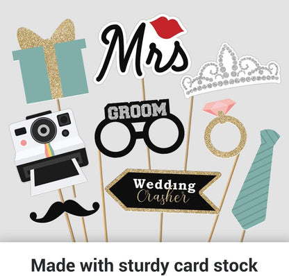 Fully Assembled Wedding Photo Booth Props - Set of 40 - Gold, Pink, Teal, & Silver Selfie Signs - Wedding Party Supplies & Decorations - Cute Designs with Real Glitter - Did We Mention No DIY
