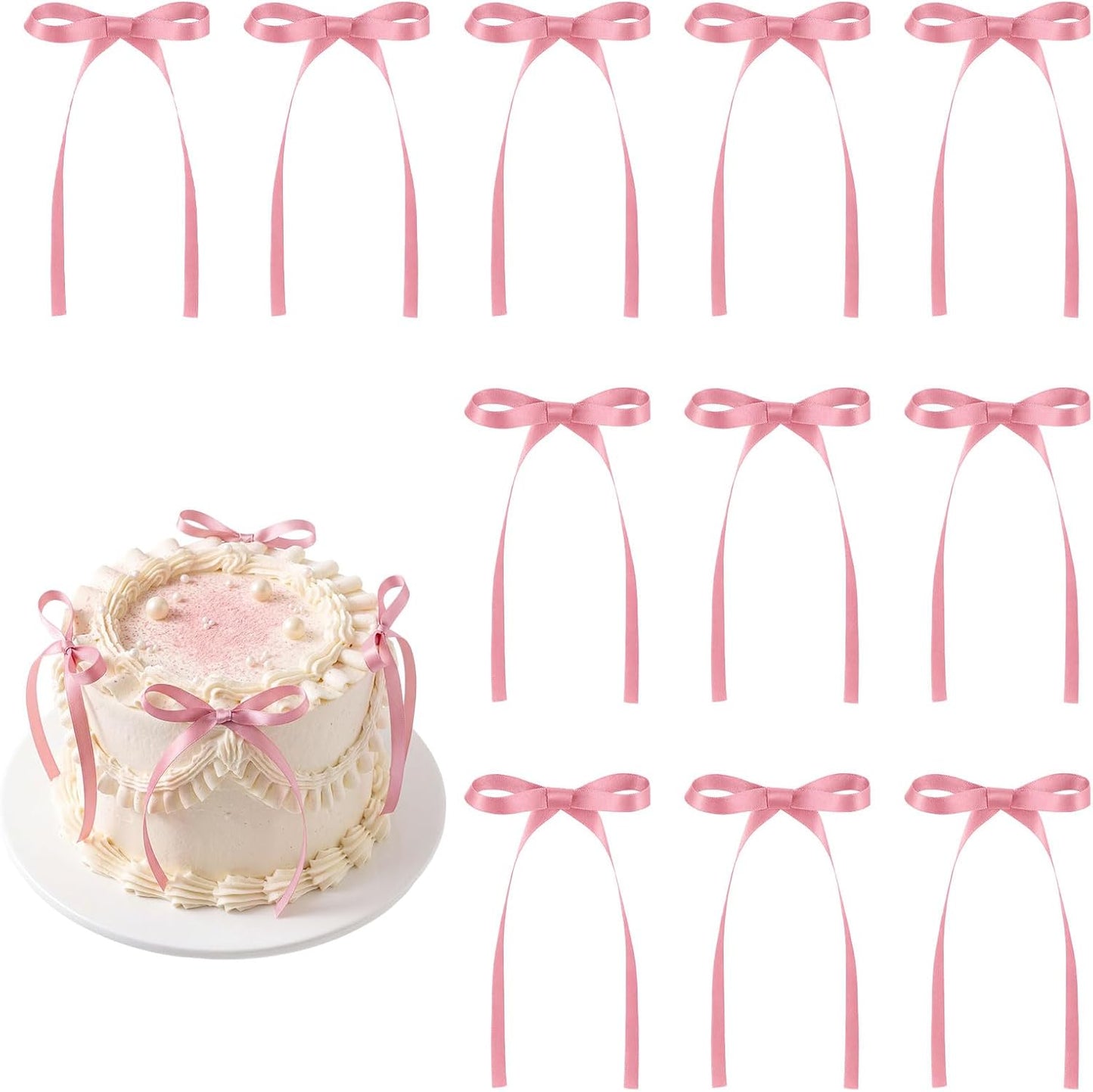 30 Pack Bow Cake Toppers Pink Ribbons Bows for Cake Coquette Themed Bow Cupcake Toppers Pink Bow Birthday Decorations for Baby Shower, Birthday, Wedding, Bachelorette, Mothers Day Decorations