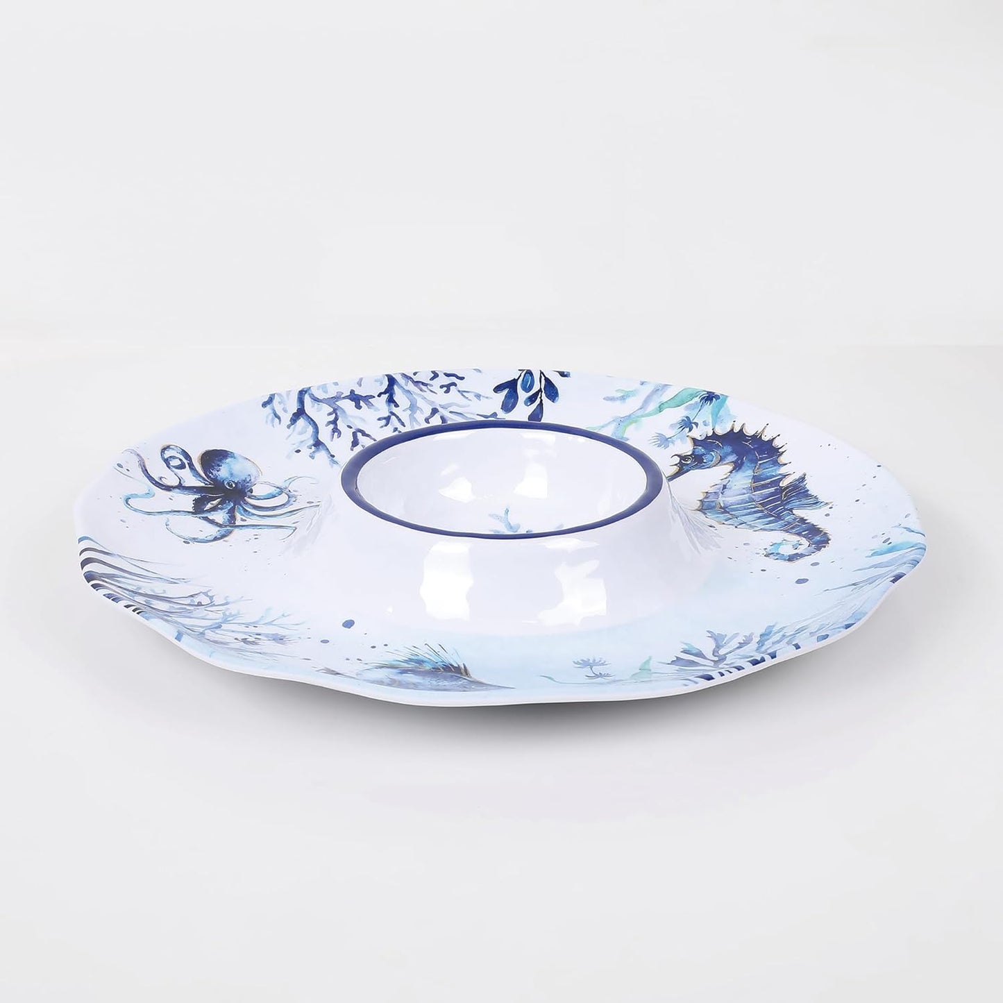 UPware Sea Life Melamine Chip and Dip Serving Tray, Round Serving Platter for Chips, Salsa, Fruit, and Snacks, Multicolor, 13.5 Inch