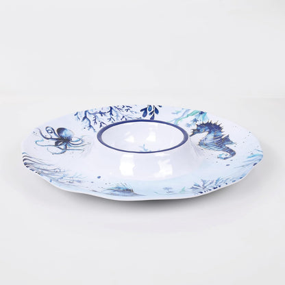 UPware Sea Life Melamine Chip and Dip Serving Tray, Round Serving Platter for Chips, Salsa, Fruit, and Snacks, Multicolor, 13.5 Inch