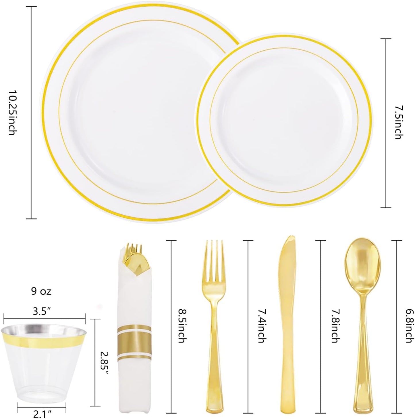 WELLIFE 350-Piece Gold Disposable Plates and Cutlery Set - Premium 10.25" Dinner Plates, 7.5" Dessert Plates, 9oz Cups & Cutlery for Weddings, Catering Events - 50 Guest Service - Elegant & Sturdy