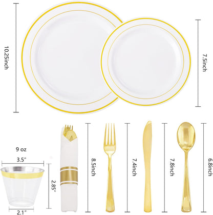 WELLIFE 350-Piece Gold Disposable Plates and Cutlery Set - Premium 10.25" Dinner Plates, 7.5" Dessert Plates, 9oz Cups & Cutlery for Weddings, Catering Events - 50 Guest Service - Elegant & Sturdy
