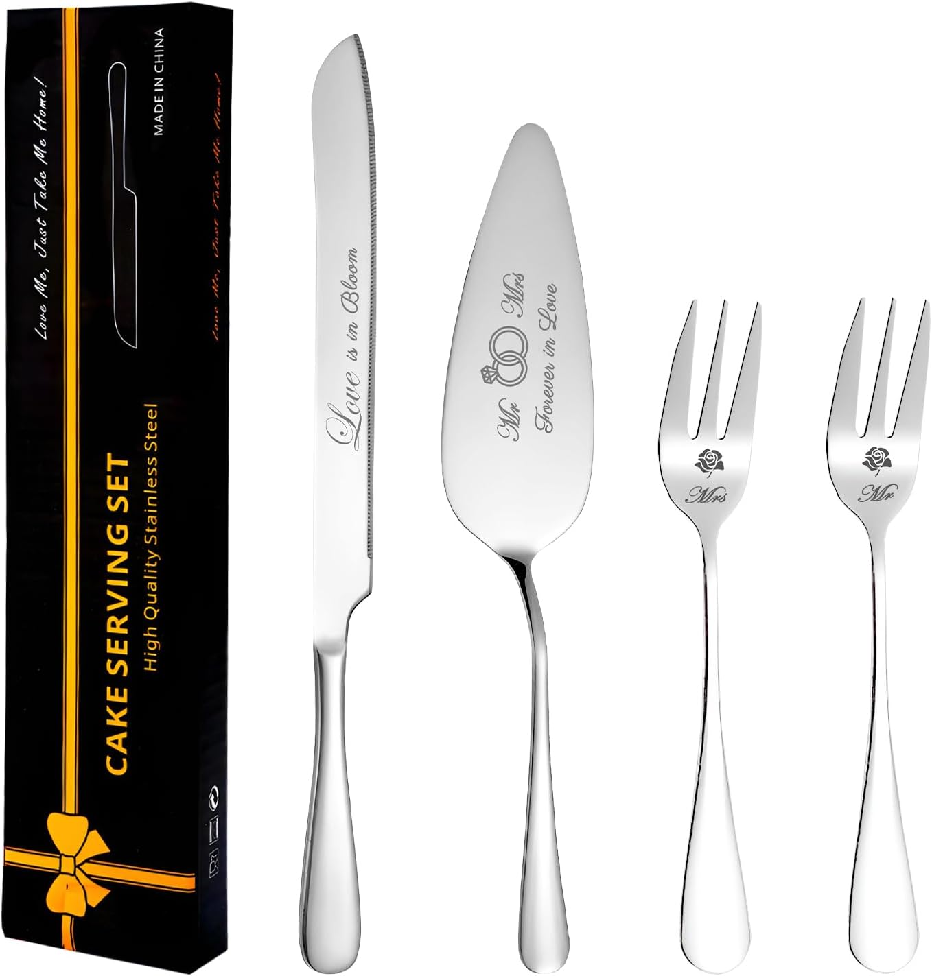 Wedding Cake Knife and Server Set, Stainless Steel Cakes toppers with Forks, Engraved Cake Cutting Set, Cutter Pie Spatula for Engagement, Birthday, Party, Christmas, Anniversary (Silver)