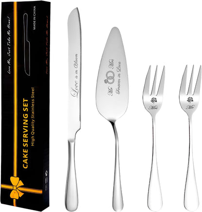 Wedding Cake Knife and Server Set, Stainless Steel Cakes toppers with Forks, Engraved Cake Cutting Set, Cutter Pie Spatula for Engagement, Birthday, Party, Christmas, Anniversary (Silver)