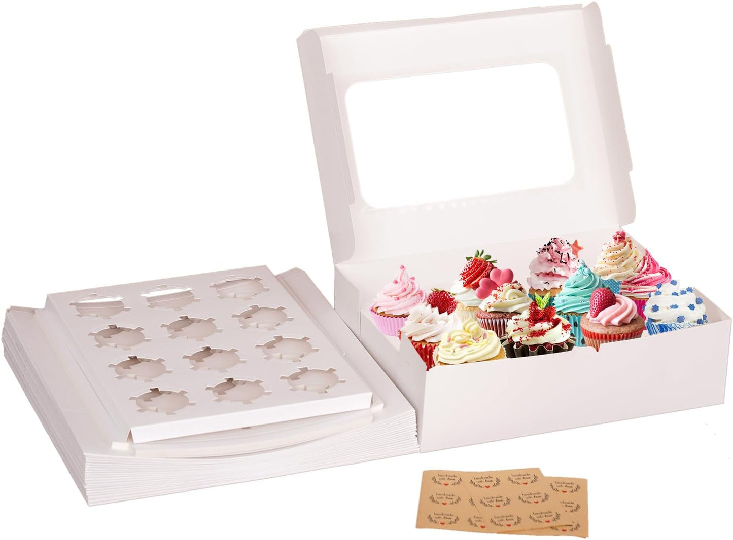 Yeplan 50 Packs Cupcake Boxes,9.4x6.1x3.14 Inches 6 Count Cupcake Box,White Cupcake Containers with Clear Window and Six Treat Holder,Pastry and Cookie Boxes,Bakery Boxes