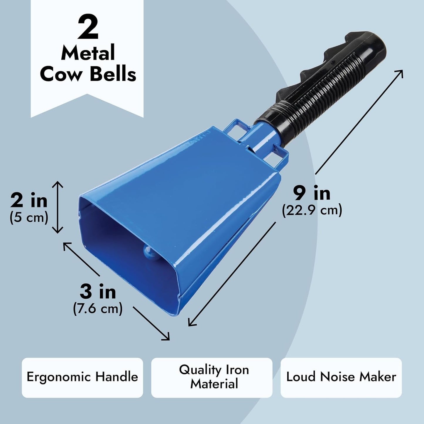 BLUE PANDA Cowbell Noise Maker - 9-Inch, Royal Blue, Pack of 2 - Metal Cowbell Instrument with Ergonomic Handle - Cheering Bell for Stadium Cheers & Celebratory Noise Maker