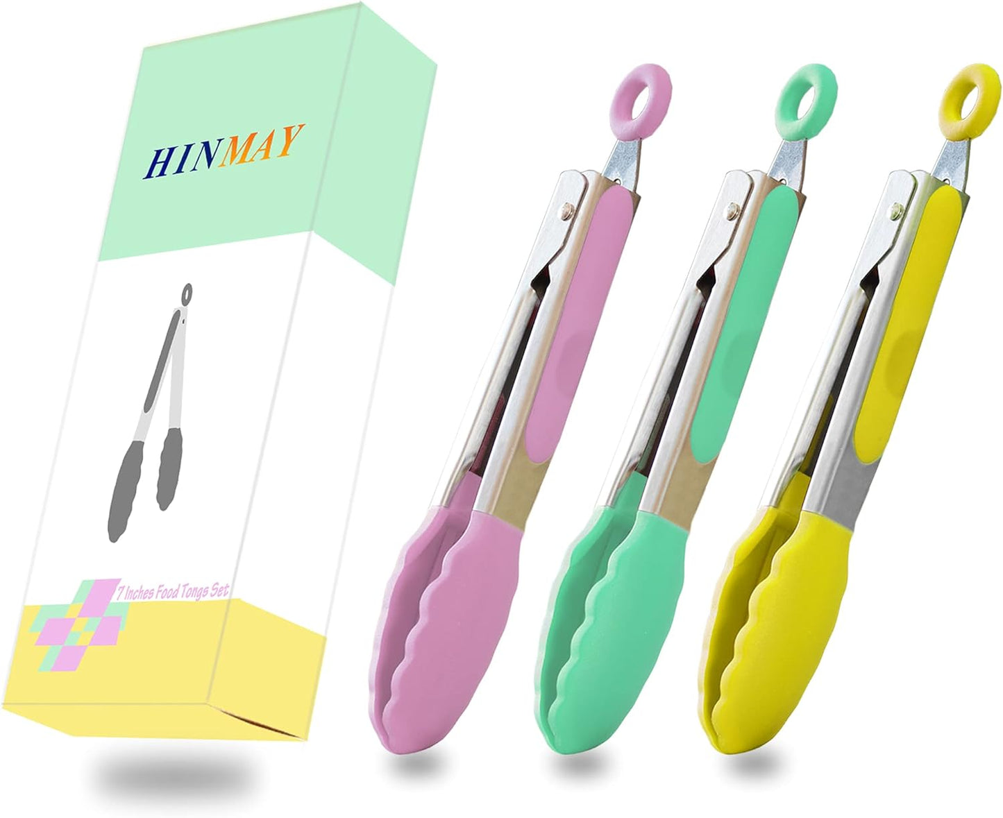 HINMAY Small Silicone Tongs 7-Inch Mini Serving Tongs, Set of 3 (Black Gray White)