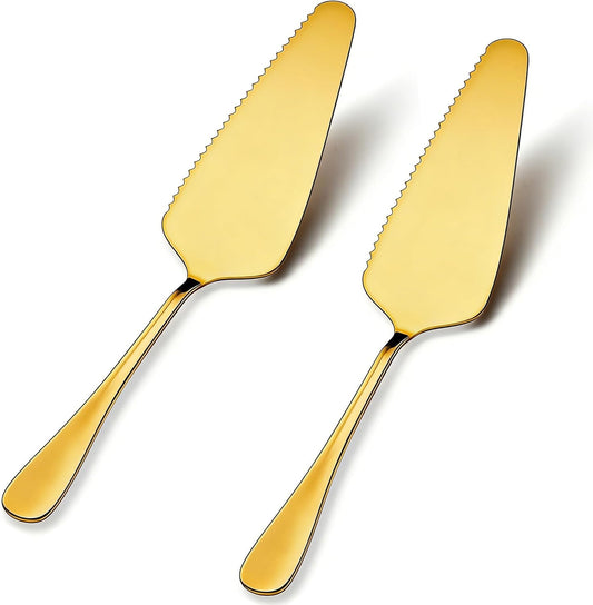 2 PCS Gold Cake Server Set, Stainless Steel Serrated Pie Cutter and Server with Mirror Finish for Wedding, Party, Dessert Buffet, Banquet - 8.9 Inch Elegant Serving Tools