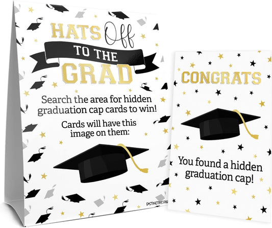 Grad Cap Scavenger Hunt, Graduation Party Games Class of 2026-1 Freestanding Sign and 10 Cards to Hide
