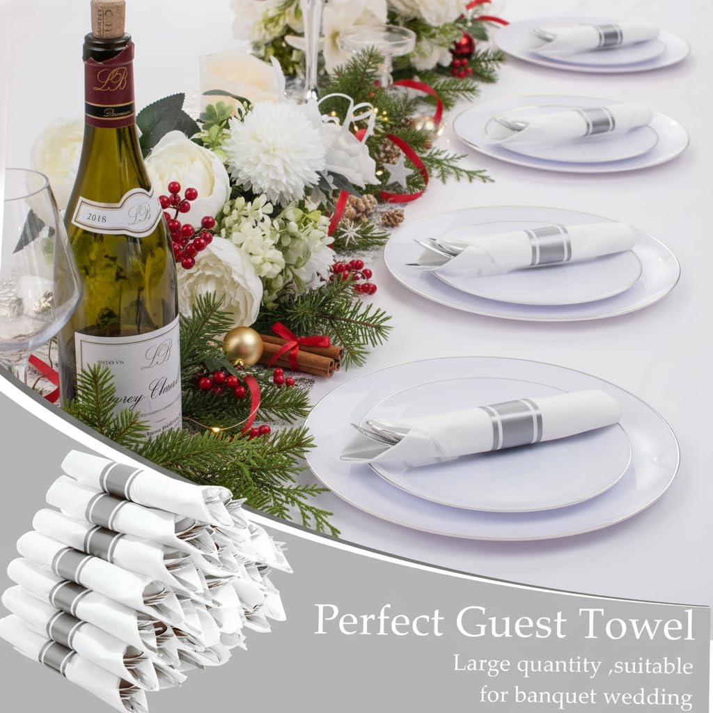 Supernal 240 Silver Plastic Silverware Set - 60 Sets Pre Rolled Napkins with Cutlery - Mirror Polished Real Look Disposable Silver Utensils- Elegant Heavy Duty Flatware for Weddings & Catering