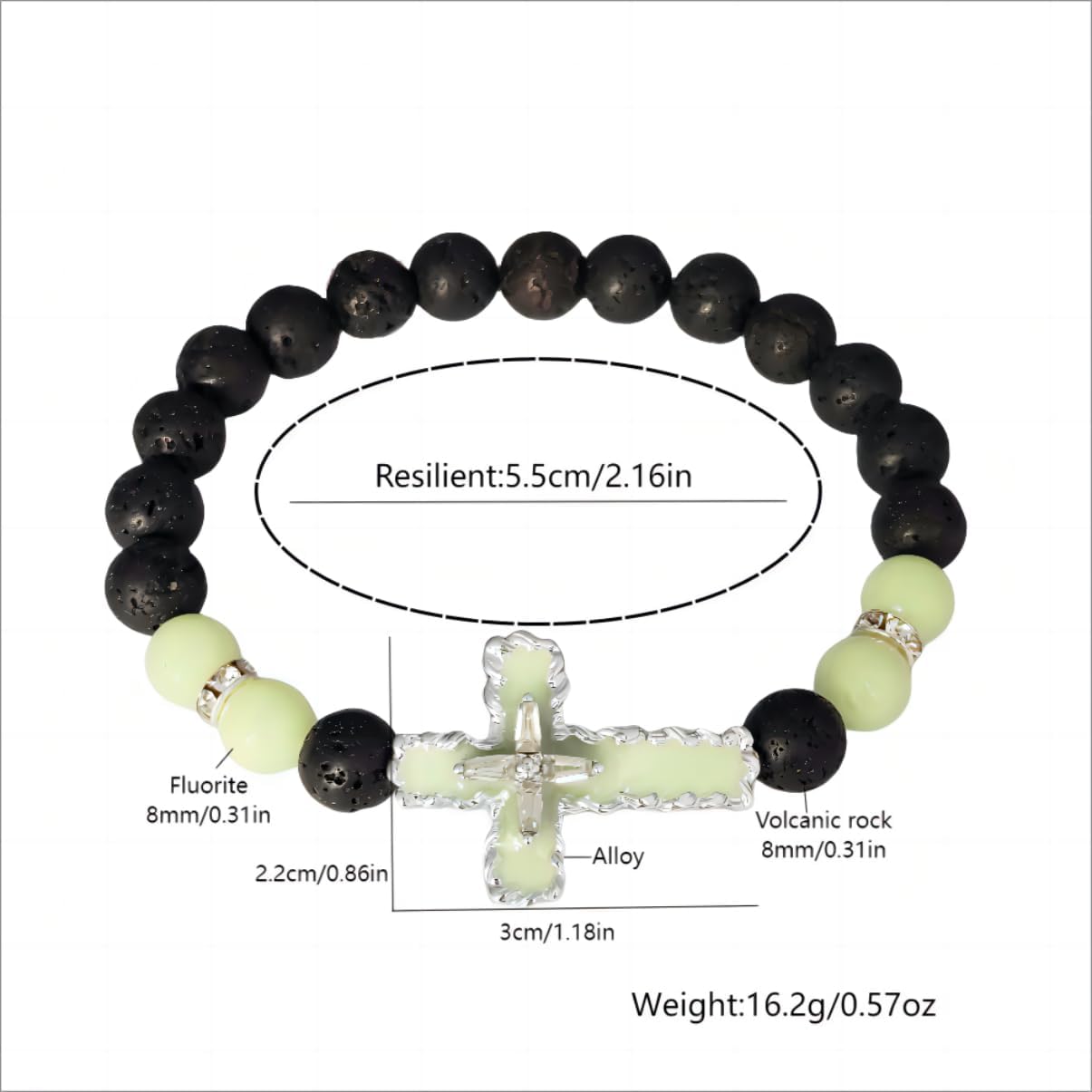 8mm Natural Volcanic Stone Bracelets for Men,Luminous Cross Bracelets,Healing Crystal Elastic Stretch Beads Bracelet,Religion Holy Communion Bracelet for Women