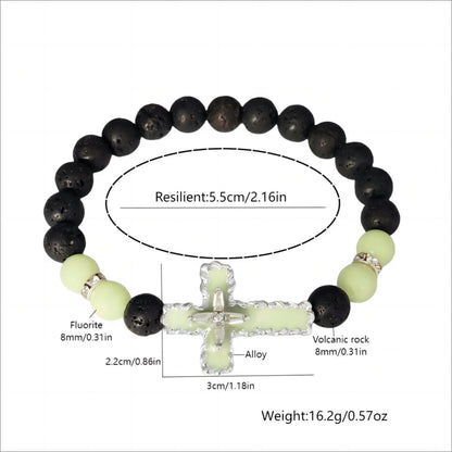 8mm Natural Volcanic Stone Bracelets for Men,Luminous Cross Bracelets,Healing Crystal Elastic Stretch Beads Bracelet,Religion Holy Communion Bracelet for Women