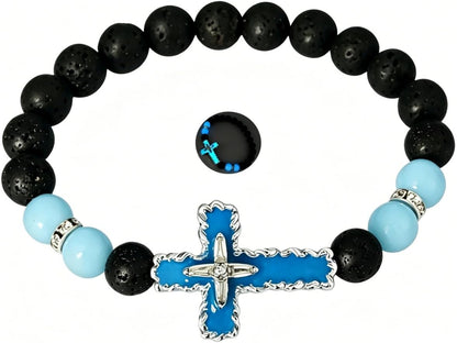 8mm Natural Volcanic Stone Bracelets for Men,Luminous Cross Bracelets,Healing Crystal Elastic Stretch Beads Bracelet,Religion Holy Communion Bracelet for Women