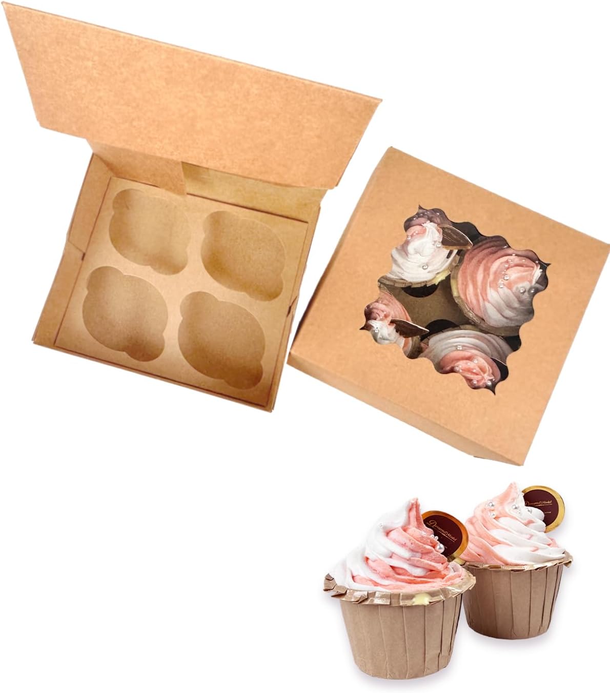 Bakepacker Auto-pop up 6 Cupcake Boxes with Window 20 Count Pink Box 9.4 x 6.1 x 3 inch Cupcake Carrier