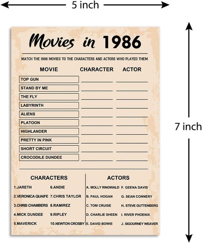 QUPT 40th Birthday Party Games, Movies in 1986 Games, Birthday Party Supplies for Adults, Fun 1986s Party Game，Pack of 30 Cards
