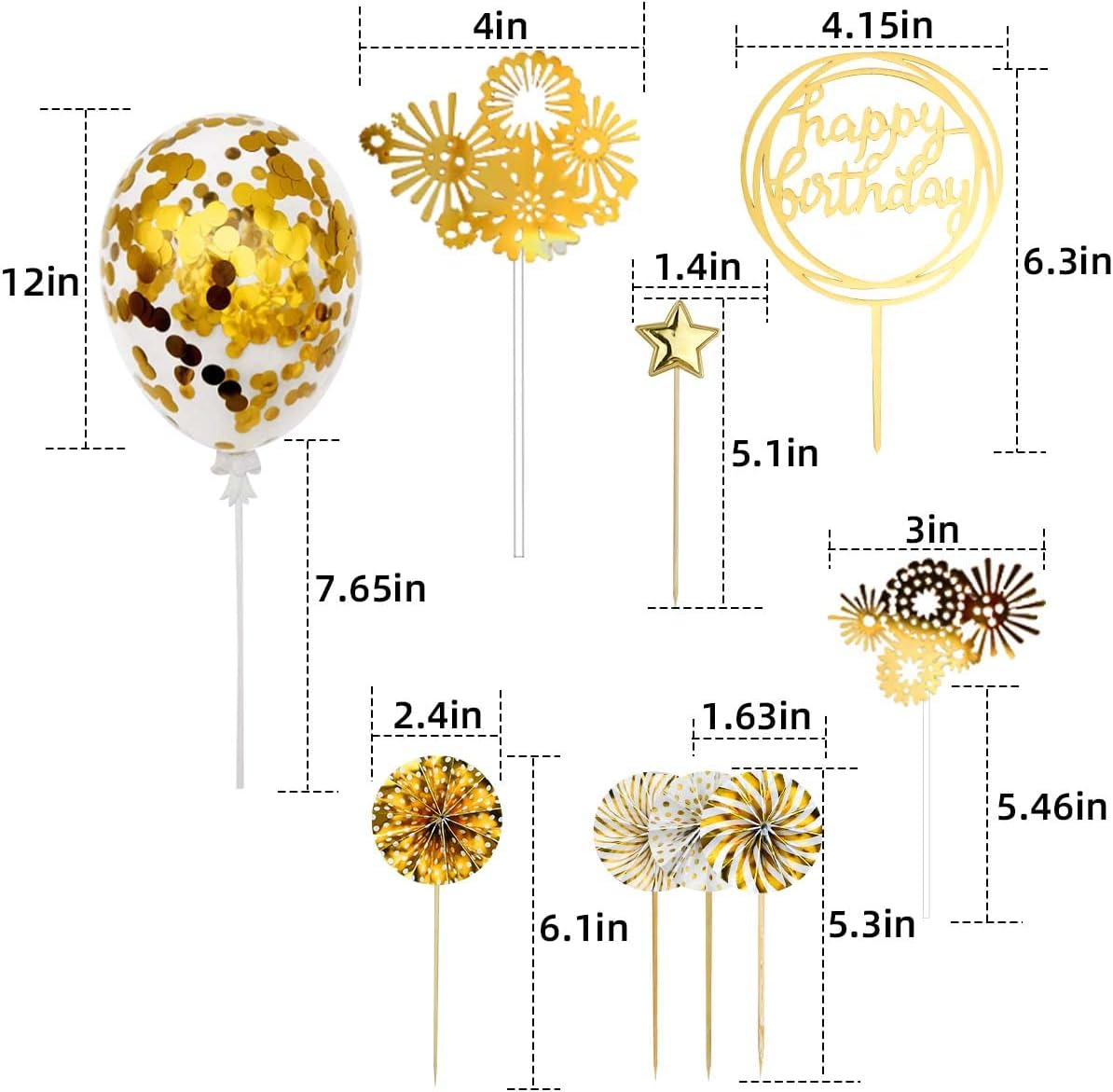 Cake Topper Decoration Set Acrylic Glitter Happy Birthday Cake Topper with Confetti Balloon Paper Fans Stars Firework Cupcake Toppers for Gold Theme Decor Girl Women Birthday Party Supplies (Gold)