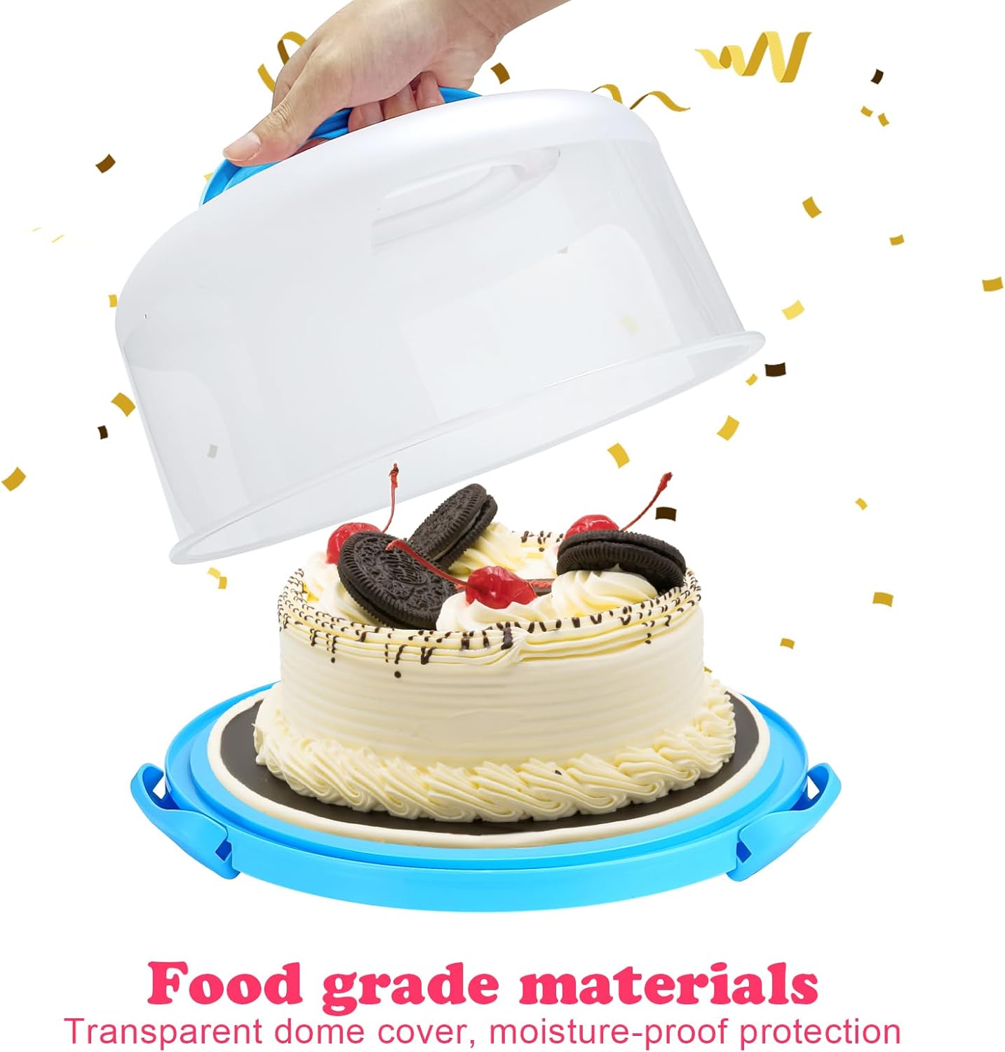 Cake Carrier with Lid and Handle, Fit 10’’ Cake Stand with Lid, Cake Transport Storage Container, Cake Containers Cover Stand with Lids, 3 Secure Side Closures (Pink)