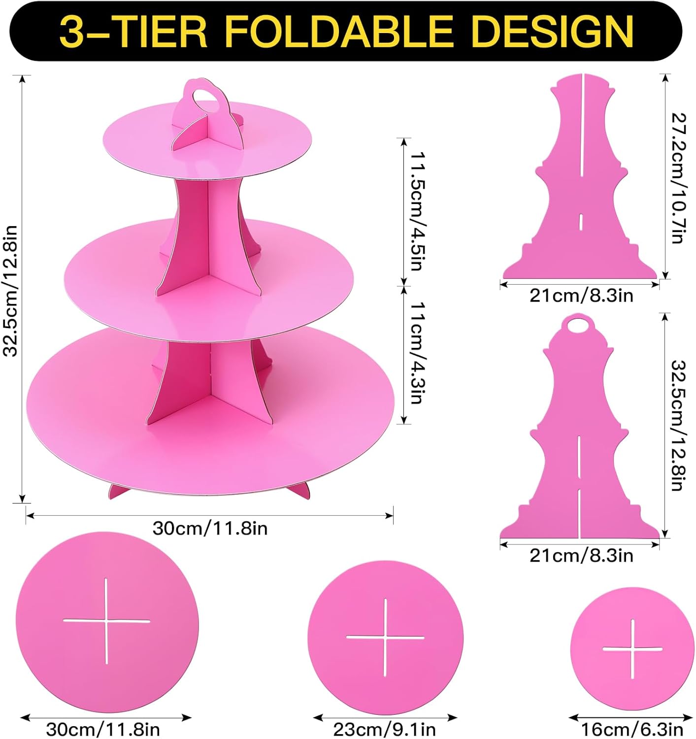 Soleebee 3-Tier Round Cupcake Stand, Cardboard Cupcake Tower, Dessert Cup Cake Stand Tower for Birthday Wedding Party Decoration, Cupcake Tier Stand 1 Set (Hot Pink)