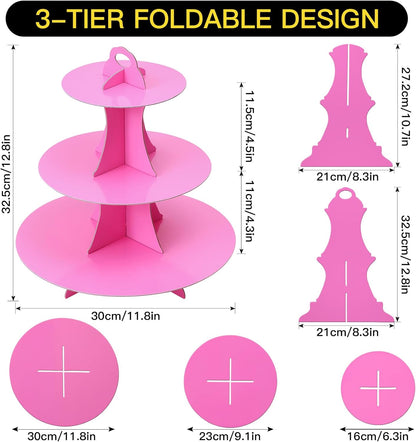 Soleebee 3-Tier Round Cupcake Stand, Cardboard Cupcake Tower, Dessert Cup Cake Stand Tower for Birthday Wedding Party Decoration, Cupcake Tier Stand 1 Set (Hot Pink)