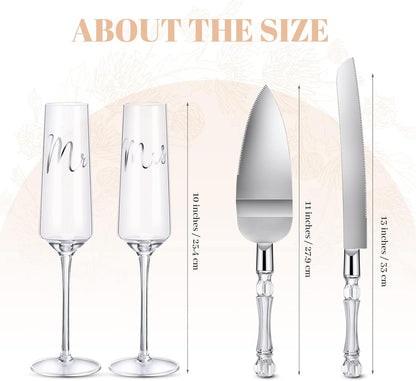 Boao 4 Pieces Wedding Toasting Flutes and Cake Server Set Wedding Reception Supplies Champagne Glasses Cake Knife Pie Server (Gold,Classic)