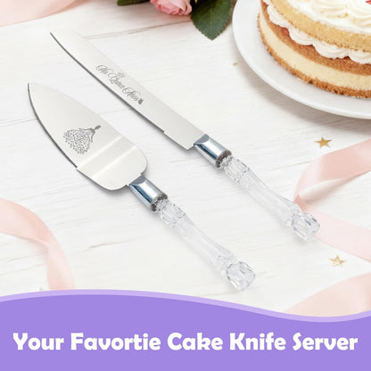 Mis Quince Años Quinceanera Cake Knife and Server Set - Sweet 15 Birthday Gifts for Girls, Feliz 15 Anos Party Decorations & Keepsake, Stainless Steel Cutting Set with Crystal Handles, Silver