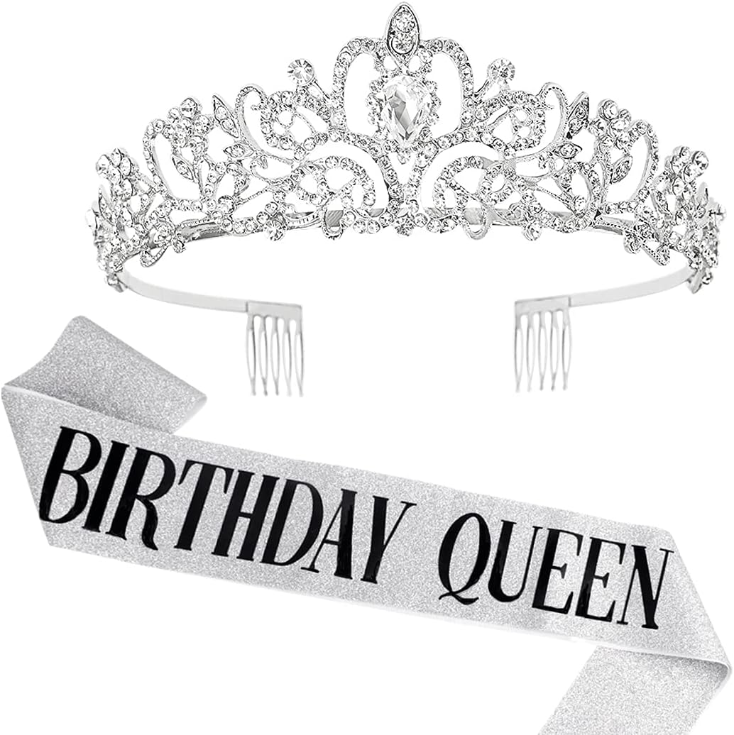 COCIDE Birthday Queen Sash & Rhinestone Tiara Set Gold Happy Birthday Crowns for Women Party Decoration Kit Rhinestone Headband for Women Glitter Crystal Hair Accessories for Cake Topper