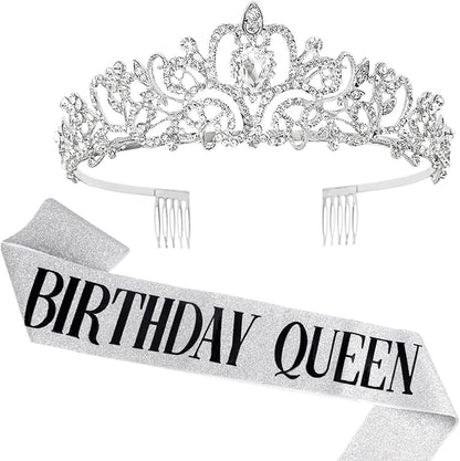 COCIDE Birthday Queen Sash & Rhinestone Tiara Set Gold Happy Birthday Crowns for Women Party Decoration Kit Rhinestone Headband for Women Glitter Crystal Hair Accessories for Cake Topper