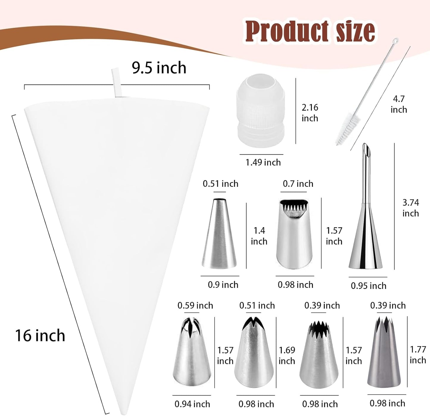 9-Piece Reusable Piping Bags and Tips Set- Cotton Baking Kit with Coupler, Stainless Steel Nozzles & Cleaner for Cakes/Cupcakes/Cookies Decorating