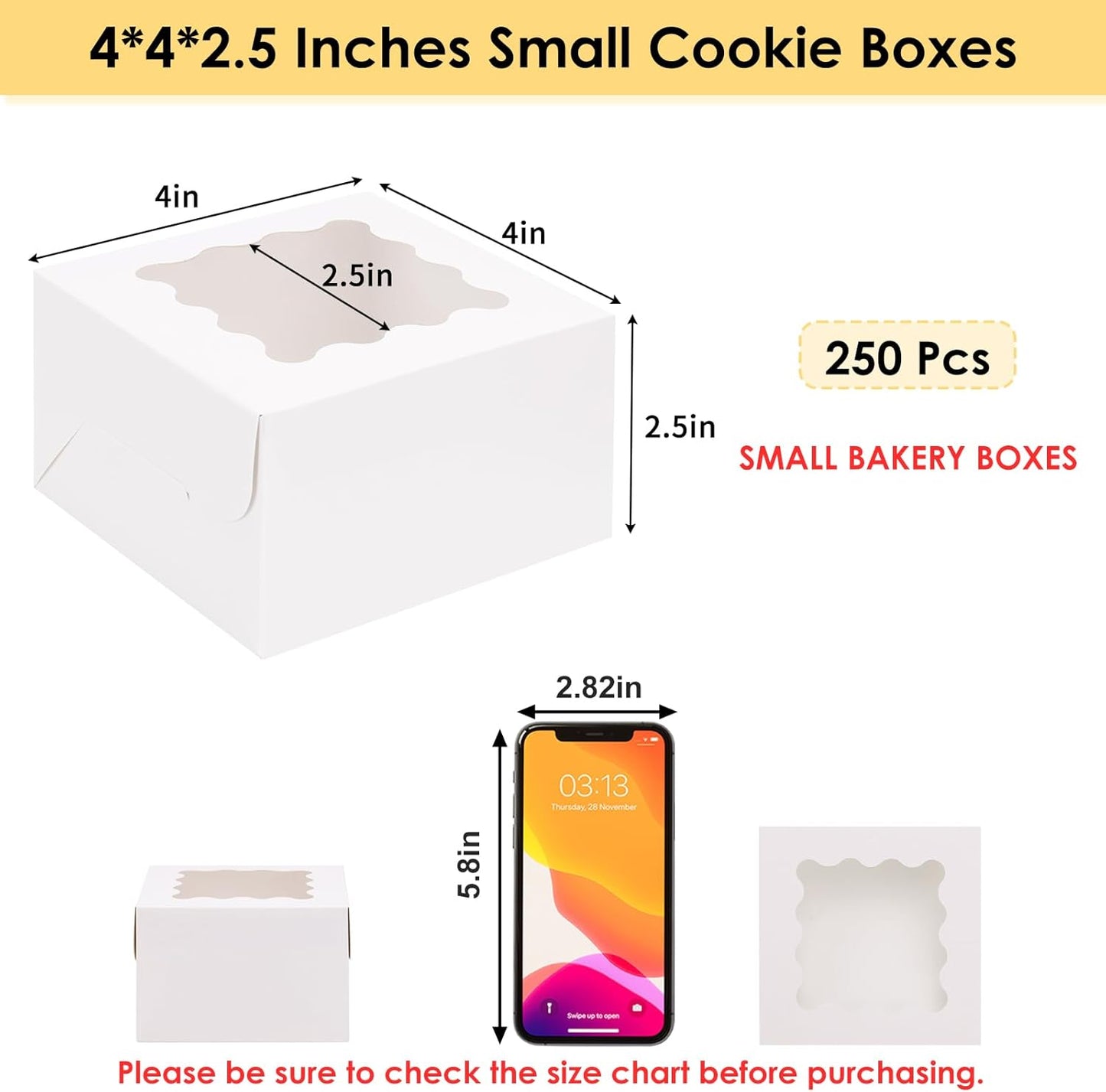 Moretoes 120pcs White Bakery Boxes, 4x4x2.5 Inch Cookie Boxes with Window for Small Cake, Treats, Donuts, Candy