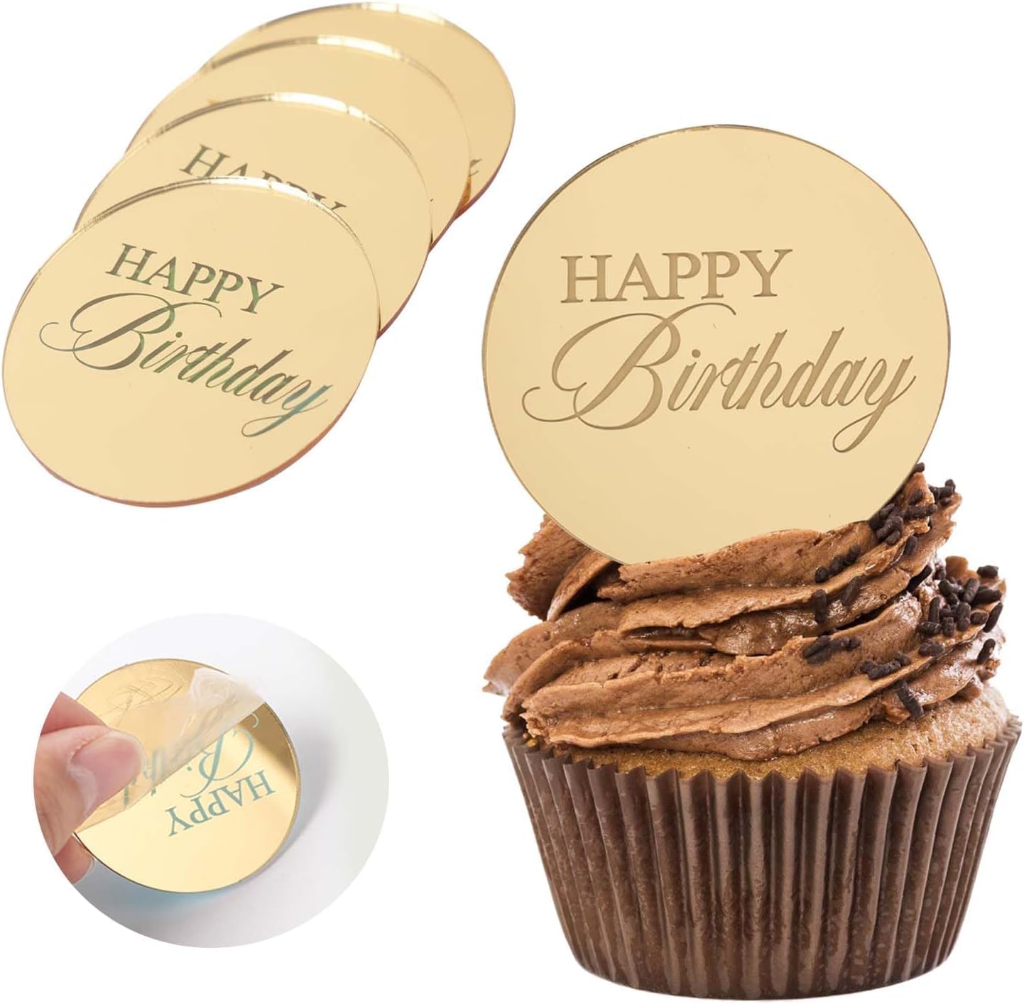 20pcs Gold Mirror Acrylic Happy Birthday Cupcake Toppers Round Engraved Cake Picks Happy Birthday Cake Toppers for DIY Birthday Gift Flower Bouquet Pastries Desserts Decor
