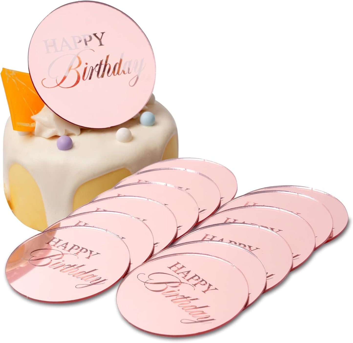 20pcs Gold Mirror Acrylic Happy Birthday Cupcake Toppers Round Engraved Cake Picks Happy Birthday Cake Toppers for DIY Birthday Gift Flower Bouquet Pastries Desserts Decor