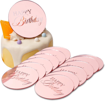 20pcs Gold Mirror Acrylic Happy Birthday Cupcake Toppers Round Engraved Cake Picks Happy Birthday Cake Toppers for DIY Birthday Gift Flower Bouquet Pastries Desserts Decor