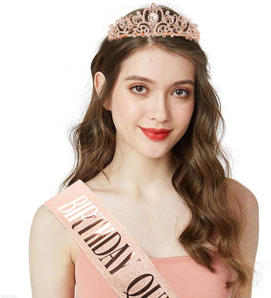 COCIDE Birthday Queen Sash & Rhinestone Tiara Set Gold Happy Birthday Crowns for Women Party Decoration Kit Rhinestone Headband for Women Glitter Crystal Hair Accessories for Cake Topper