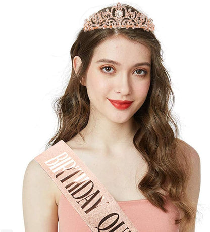 COCIDE Birthday Queen Sash & Rhinestone Tiara Set Gold Happy Birthday Crowns for Women Party Decoration Kit Rhinestone Headband for Women Glitter Crystal Hair Accessories for Cake Topper