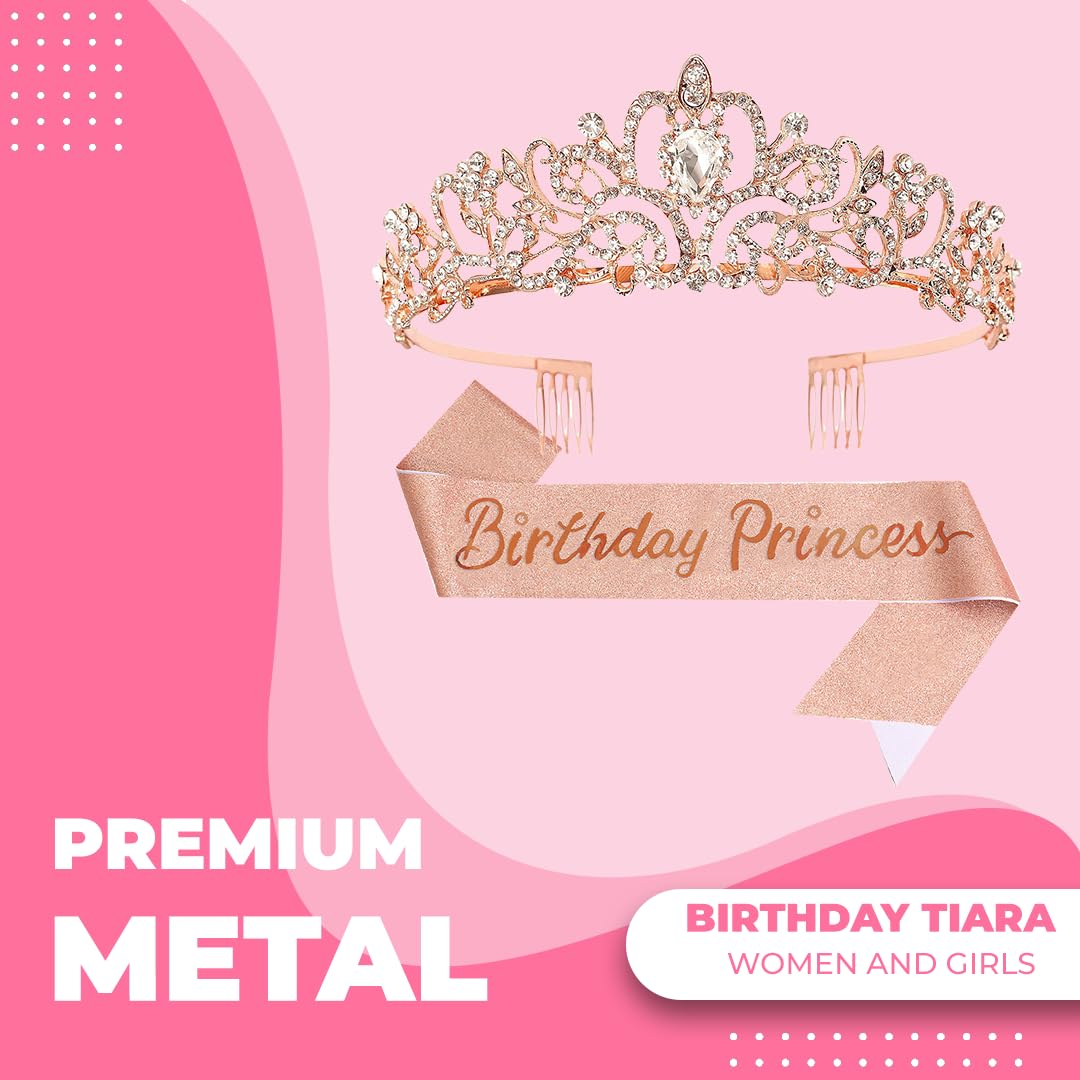Birthday Tiara Crown with Sash for Women, Headband Hair Accessories for Wedding Party Costume