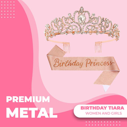 Birthday Tiara Crown with Sash for Women, Headband Hair Accessories for Wedding Party Costume