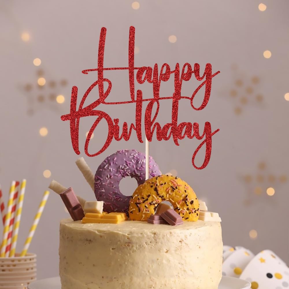 Happy Birthday Cake Topper,black Glitter Cake Pick Bunting Decor for Anniversary Birthday Party Cake Decorations Supplies