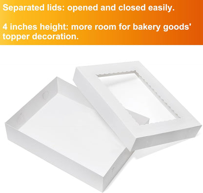 Wowxyz 14x10x4 Cake Boxes 6pcs Rectangle Quarter Sheet 1/4 Sheet Bakery Boxes with Window - Donuts, Pastry Baking Cake, Pie White Cardboard Treat Packaging
