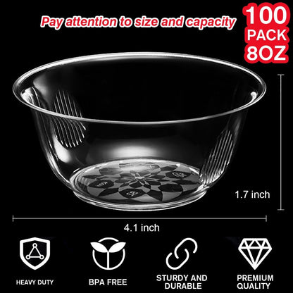 MOACOCK 100 Pack Small Clear Plastic Bowls, 8oz Hard Disposable Salad Bowls, Disposable Bowl for Party Serving, Ice Creams, Desserts, Catering, Special Events